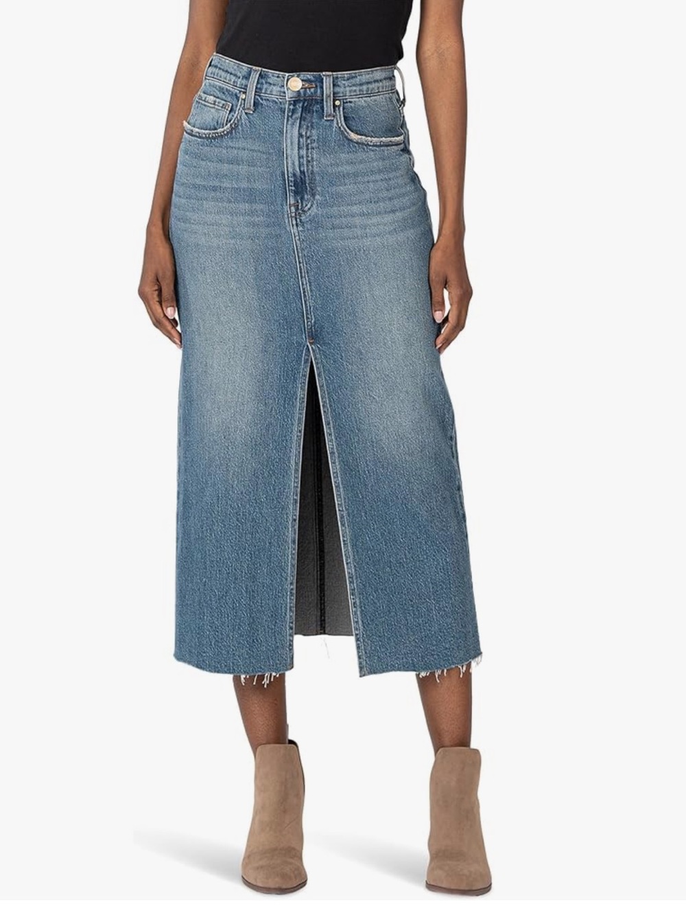 KUT from the Kloth Medium Wash Denim Jean Midi Skirt Front Slit Raw Hem